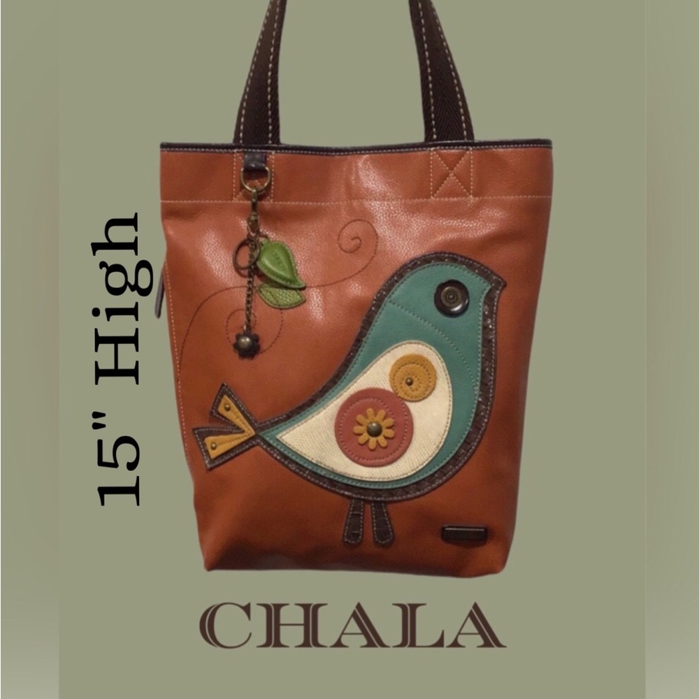 NEW CHALA HANDBAGS Bird Tweet Shoulder Bag, Large Tote, Burnt Orange & Teal